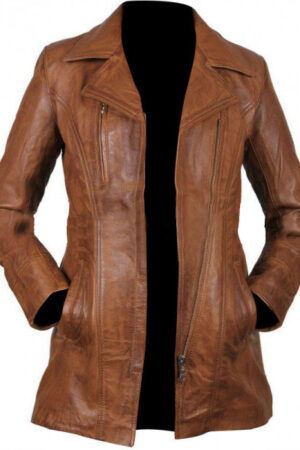 Womens Brown Long Leather Trench Jacket